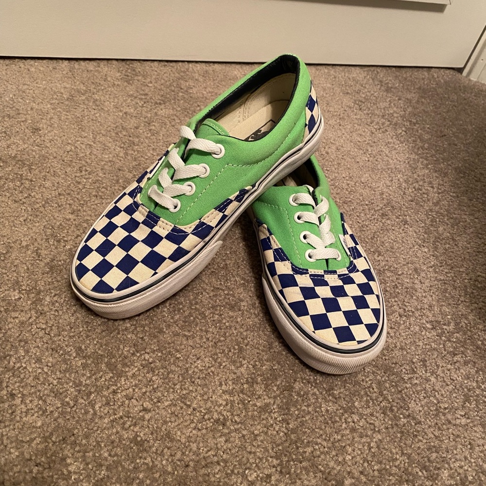 Vans navy/white checkered shoes with lime green accents, men’s 4 / women’s 5.5
